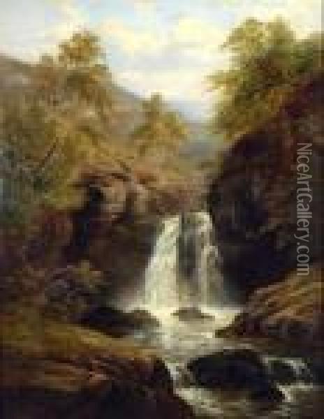 A Waterfall In The Welsh Hills Oil Painting - William Mellor