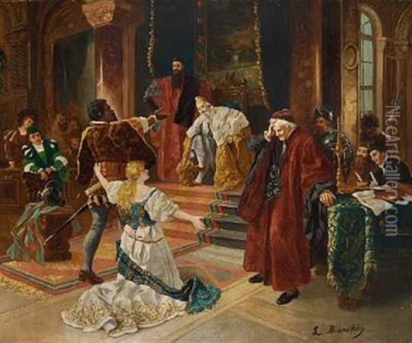 En Ung Kvinde Falder Pa Knae Ved Siden Af En Sort Mand Foran En Trone (fra Shakespeares Othello?) Oil Painting - Luigi Bianchi