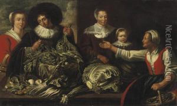 An Elegant Family Buying Artichokes From A Vegetable Stall Oil Painting - Adriaen van Utrecht