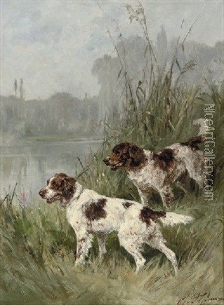 Two English Springer Spaniels On The Watch Oil Painting - Olivier de Penne