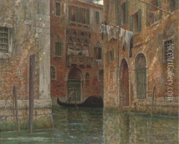 A Gondolier On A Venetian Canal Oil Painting - Joseph Saint-Germier