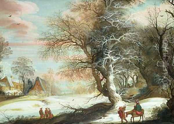 Wooded winter landscape with Flight into Egypt Oil Painting - Gijsbrecht Leytens