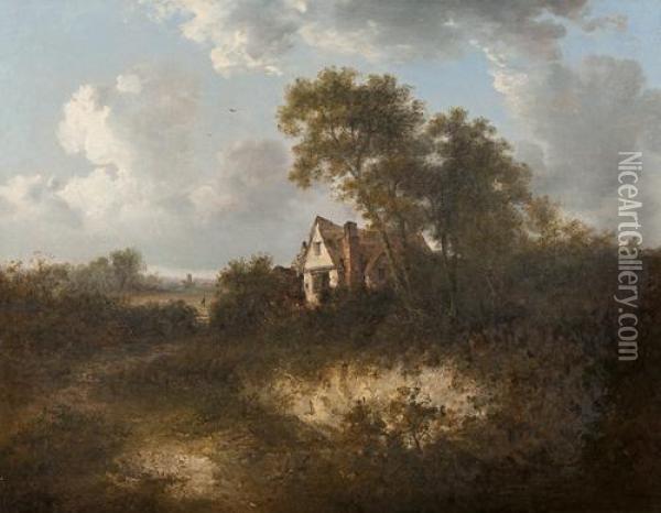 Farmhouse Amidst Trees In An Extensive Landscape Oil Painting - Edward Robert Smythe