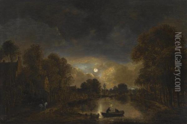 A Moonlit River Scene With Two Men In A Rowing Boat Beisde A Village Oil Painting - Aert van der Neer