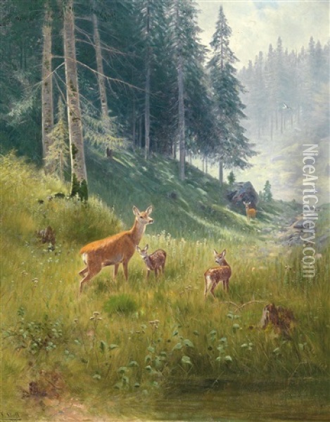 Rotwild Am Waldrand Oil Painting - Ludwig Skell