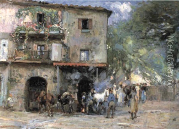 Villagers Outside A Smithy Oil Painting - Giuseppe Pennasilico