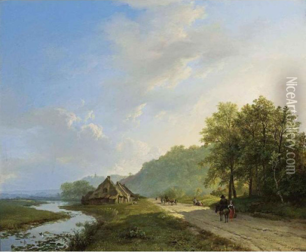 A Summer Landscape With Travellers On A Path Oil Painting - Barend Cornelis Koekkoek
