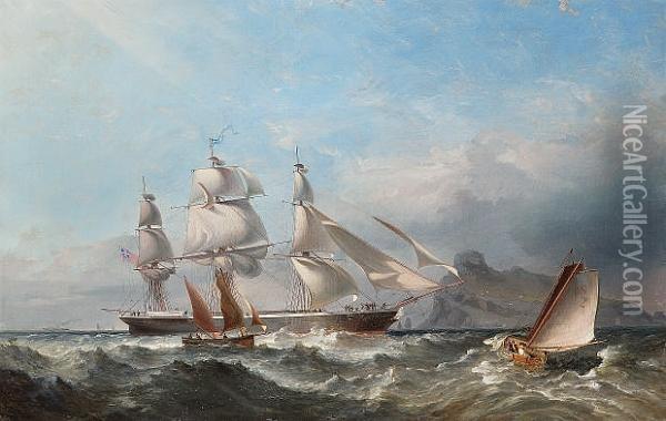A Three-masted Merchantman Heaving-to For The Pilot Oil Painting - James Harris of Swansea