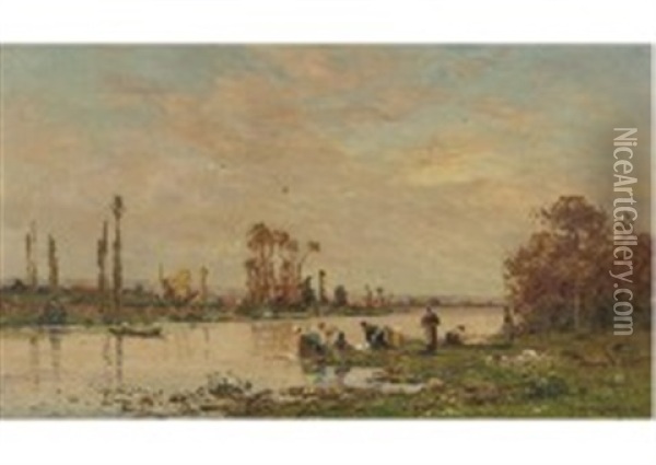 River Scene With Washerwomen Oil Painting - Hippolyte Camille Delpy