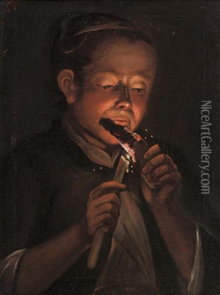 A Young Man Blowing His Torch To Light A Candle Oil Painting - Godfried Schalcken