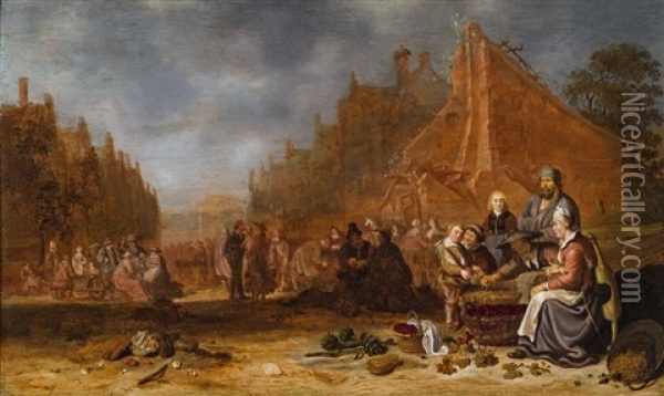 Market Scene In A Dutch Town Oil Painting - Sybrand Van Beest