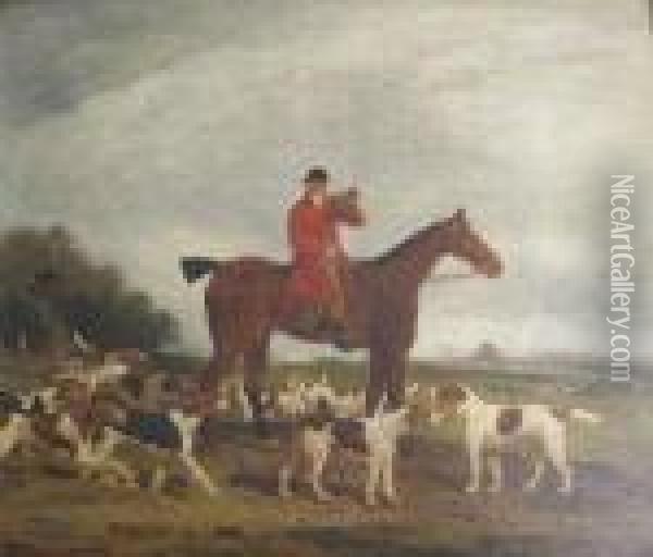 Landscape With Huntsman On His Horse Blowing A Horn Oil Painting - Benjamin Marshall