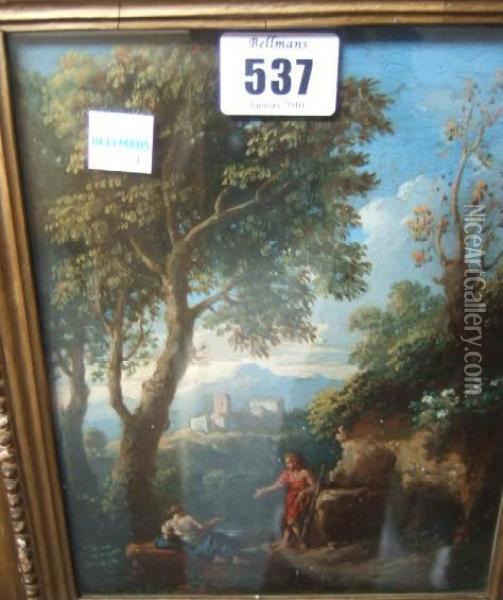 Figures In An
Italianate Landscape Oil Painting - Nicolas Poussin