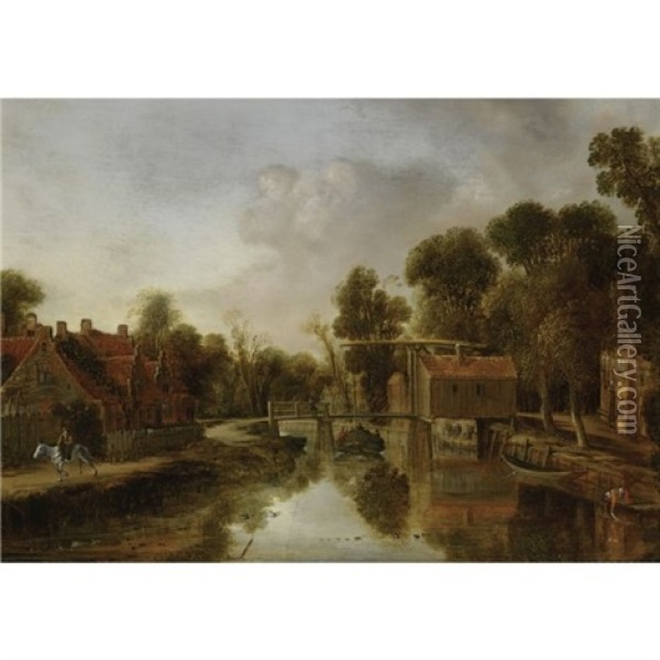 A Village With A Drawbridge Over A River, Figures In A Barge Pulled By A Horseman On A Path To The Left Oil Painting - Aert van der Neer