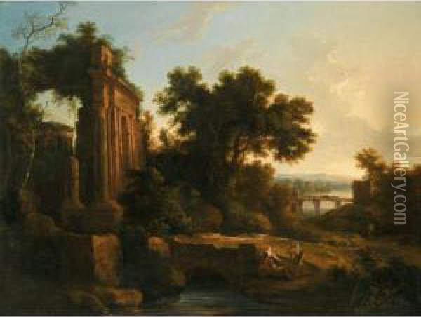 An Italianate Landscape With Classical Ruins And Figures Conversing By A Bridge Oil Painting - Pierre-Antoine Patel