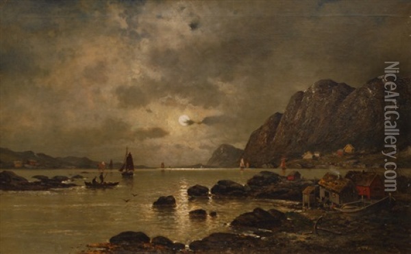 Fjord In The Moonlight Oil Painting - Adolf Kaufmann