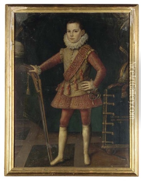 Portrait Of Vittorio Amedeo I, Duke Of Savoy, As A Child, In A Fawn Doublet Embroidered With Gold And Silver And Red Hose, An Arquebus In His Right Hand And His A Helmet On A Table Beside Him Oil Painting - Jan Kraek