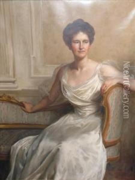 Portrait Ofmary Frances Wilson Three Quarter Length, Seated, Wearing A Whitedress Oil Painting - John Maler Collier