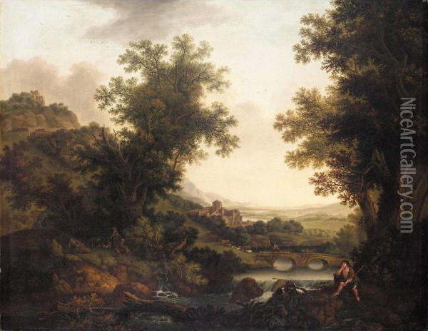An Extensive Italianate Landscape With A Goatherder In The Foreground Oil Painting - Joseph Browne