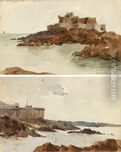 Un Chateau Fort Sur Une Falaise Oil Painting - Octave Courtois Suffit