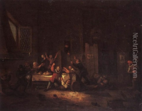 Peasants Brawling In A Tavern Oil Painting - Egbert van Heemskerck the Younger