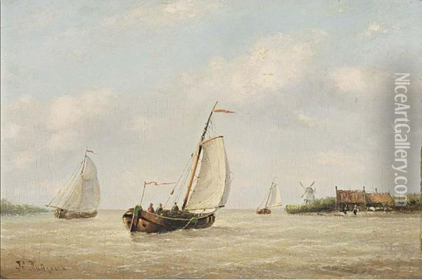 Sailing Boats In An Estuary Oil Painting - Johannes Huygens