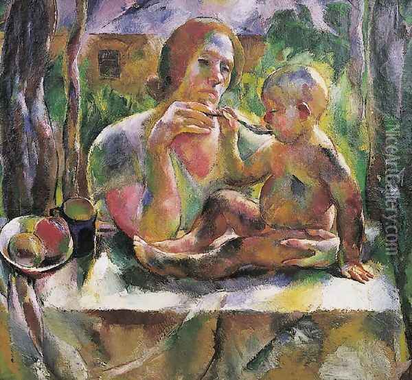 Uzsonna a nyari kertben (Anya gyermeke), 1926 Oil Painting - Vilmos Aba-Novak