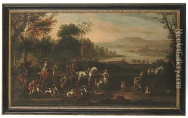 A Hunting Party In An Extensive Coastal Landscape, A Town Beyond Oil Painting - James Ross