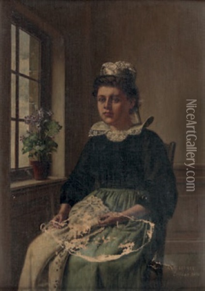 Jeune Femme A Son Ouvrage Oil Painting - Adolphe Alexandre Lesrel