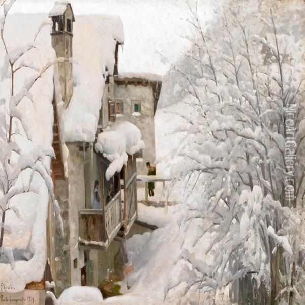 Village Covered In Snow, Switzerland Oil Painting - Peder Mork Monsted
