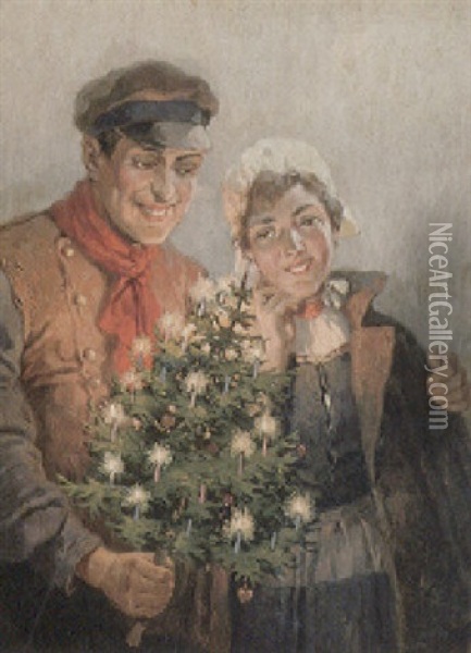 Nordisches Paar Mit Kleinem Weihnachtsbaum Oil Painting - Rudolf August Hoeger