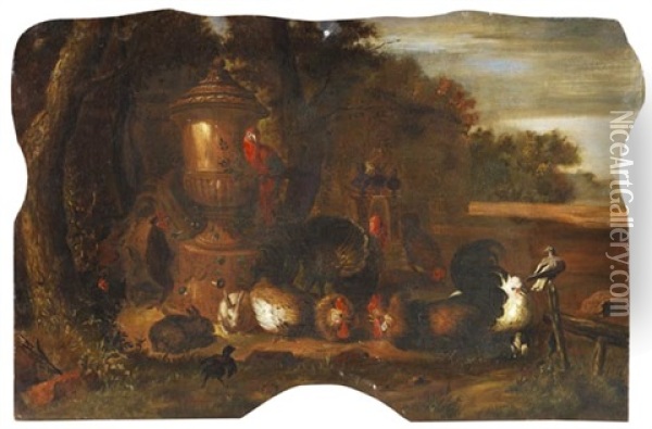 Geflugelhof Mit Kaninchen Und Papagei Vor Abendlicher Landschaft Oil Painting - Gysbert Gillisz de Hondecoeter
