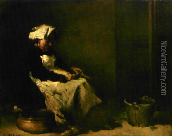 Servante Epuchante De Poireaux Oil Painting - Theodule Ribot
