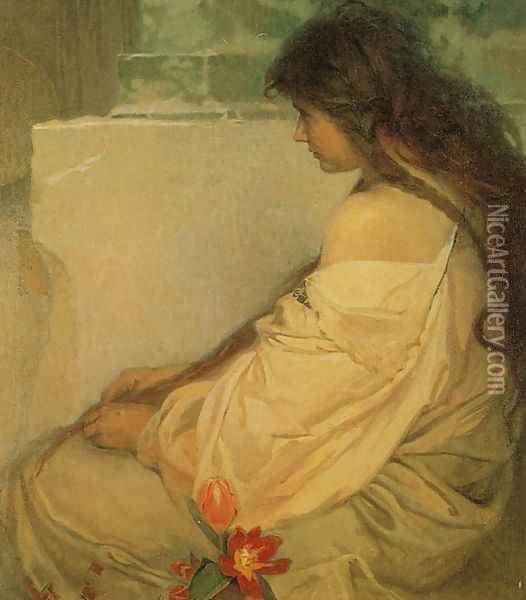 Girl with Loose Hair and Tulips. 1920 Oil Painting - Alphonse Maria Mucha