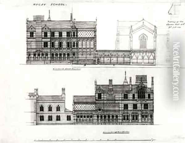 West and North Elevations, New School, Rugby School Oil Painting - William Butterfield