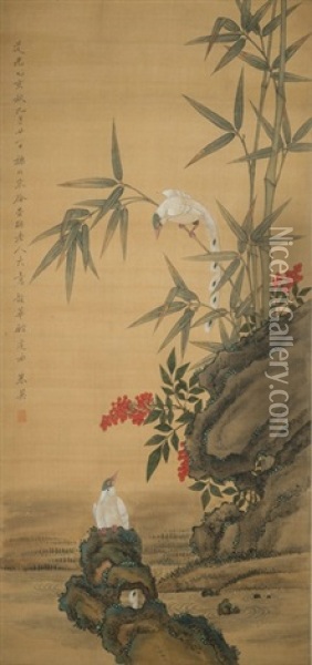 Bamboo, Rock And Birds Oil Painting -  Zhu Ying