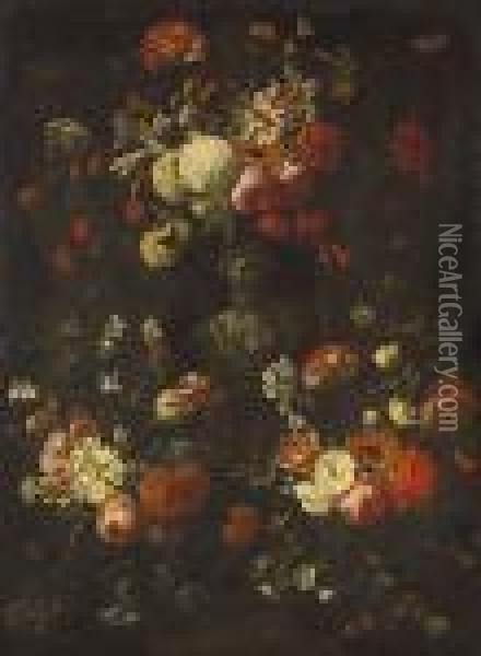 A Garland Of Flowers Surrounding A Classical Bust Oil Painting - Caspar Pieter I Verbrugghen