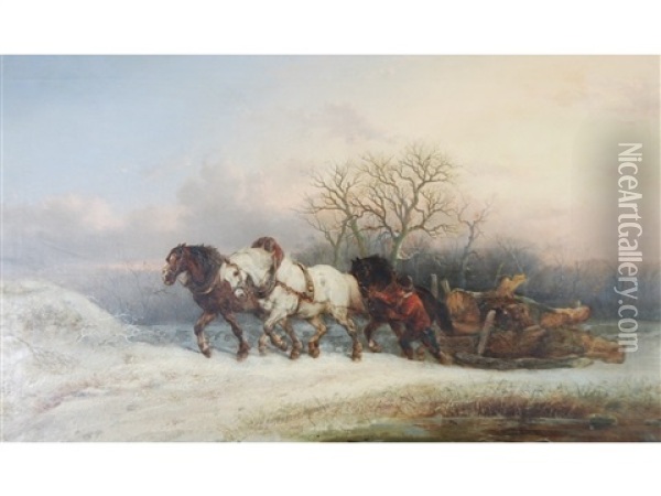 Winter Landscape With A Woodcutter Oil Painting - Alexis de Leeuw