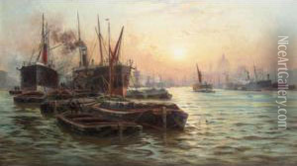 Shipping On The Thames At Sunset With St Paul's In The Distance Oil Painting - Charles John de Lacy