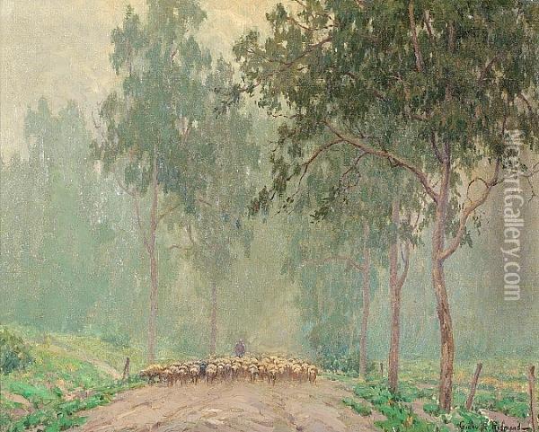 A Shepherd And His Flock In The Early Morning Mist Oil Painting - Granville Redmond
