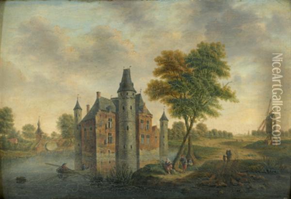 Vue D'un Chateau En Bord De Riviere Oil Painting - Hendrik Frans de Cort
