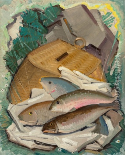 Trout And Creel Oil Painting - Victor William Higgins