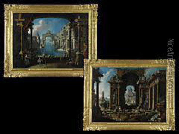 Paar Phantasie-architekturlandschaften Oil Painting - Ferdinando Galli Bibiena