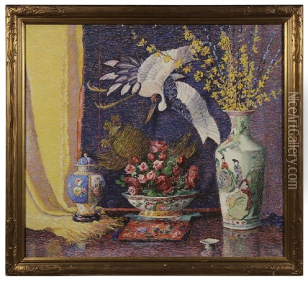 Still Life With Roses, Forsythia, And Asian Porcelain Oil Painting - Lillian Burk Meeser