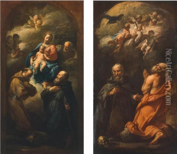 Due Dipinti: Sacra Famiglia Con San Francesco E Un San- Oil Painting - Giovanni Domenico Ferretti