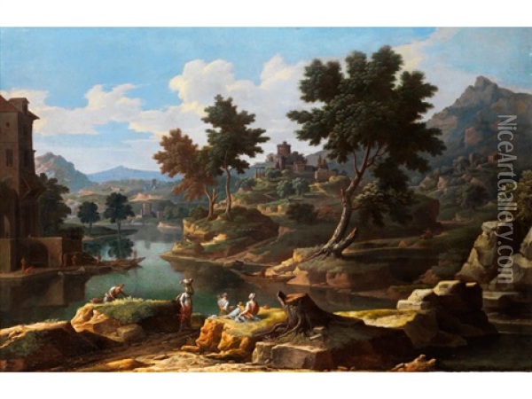 Italienische Landschaft Mit Wascherinnen, Fischern Und Burg Oil Painting - Etienne Allegrain