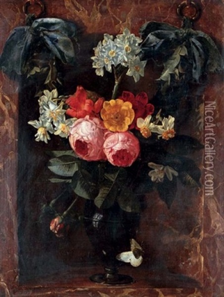 Roses, Narcissus And Anemone In A Glass Vase, Set Within A Marble Niche, A Festoon Behind Oil Painting - Christiaan Luycks