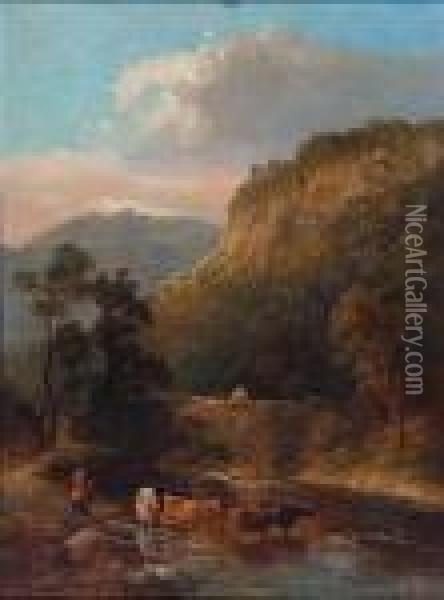 A Country Scene With Stone Bridge And Cattle Oil Painting - Thomas Whittle