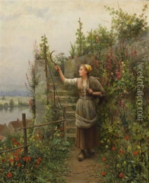 In The Garden - A Young Woman With A Scythe Oil Painting - Daniel Ridgway Knight