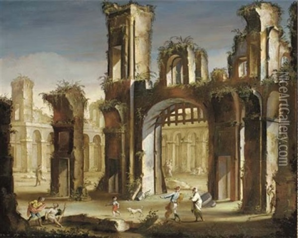 A Capriccio Of Classical Ruins With Figures Oil Painting - Vincenzo del Re